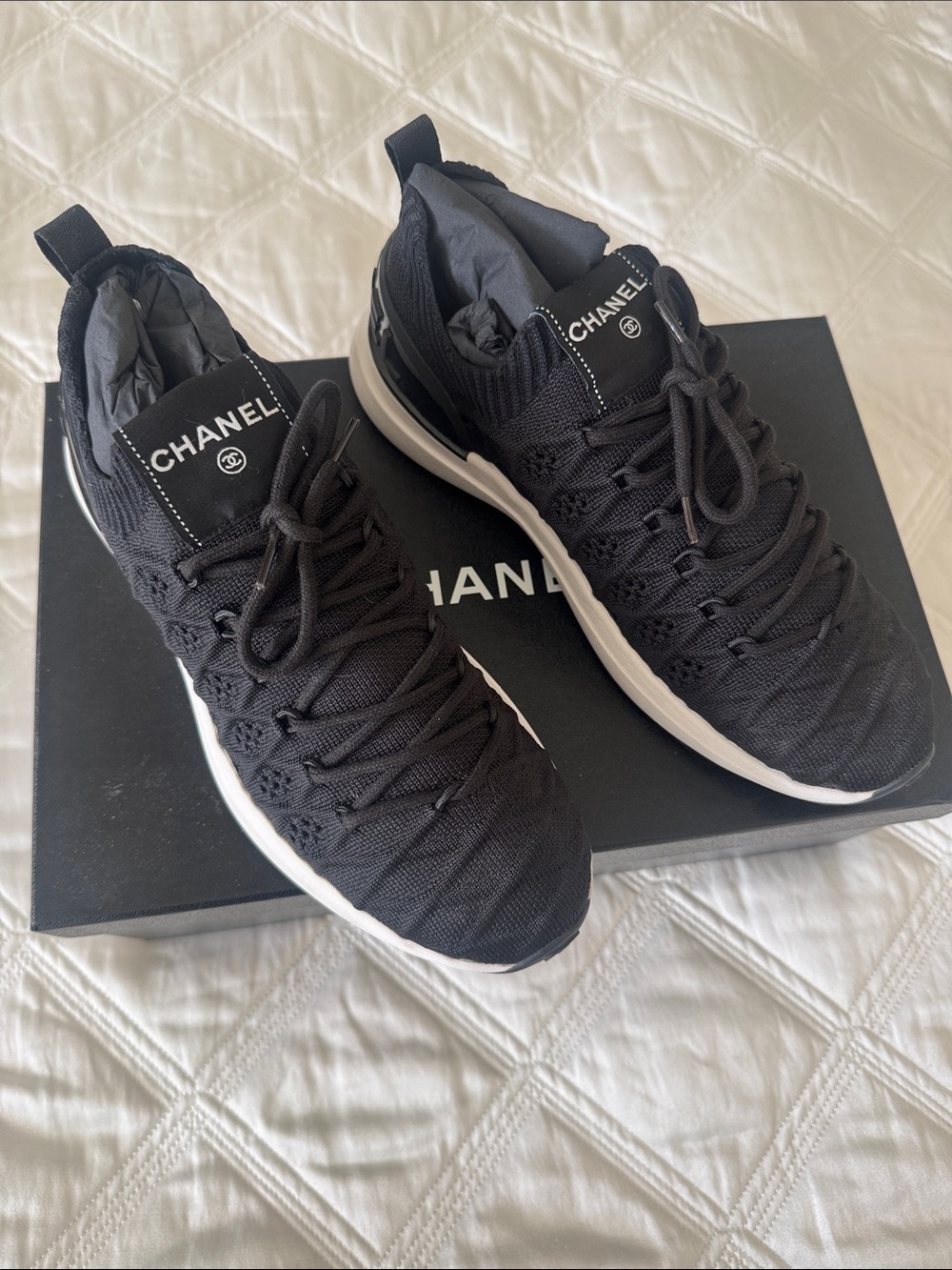 CHANEL Black Knit Lace-Up Women’s Sneakers with White Sole